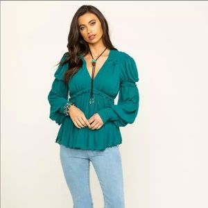 Free People Day Dreaming Smock Sleeve Teal Top M